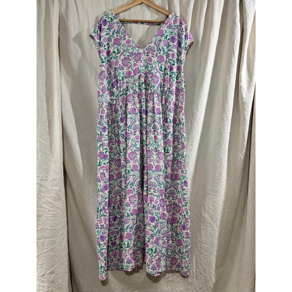 Mango MNG Floral V-Neck Maxi Dress Purple Green Tiered Boho Sleeveless Size 2XL